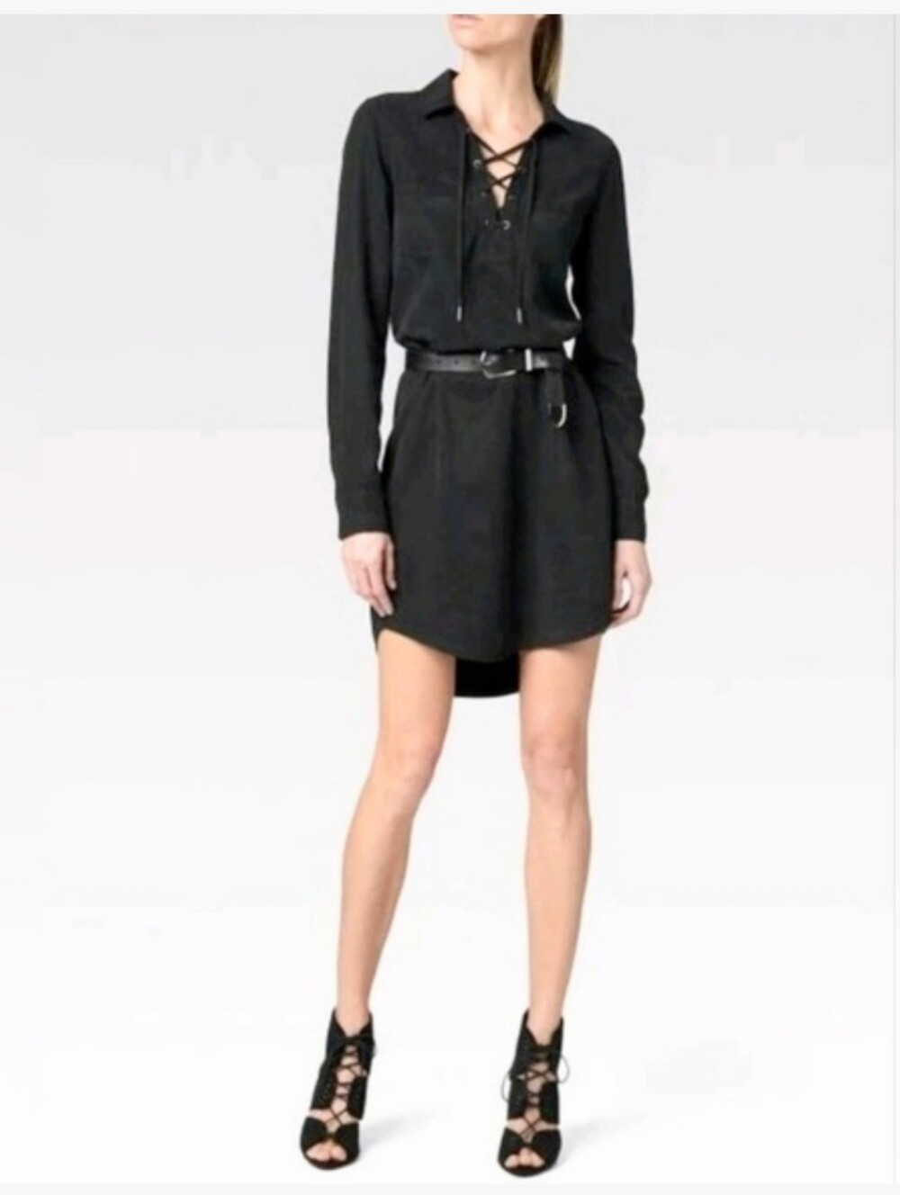 PAIGE Billie Black Long Sleeve Lace-Up Shirt Dress Size S